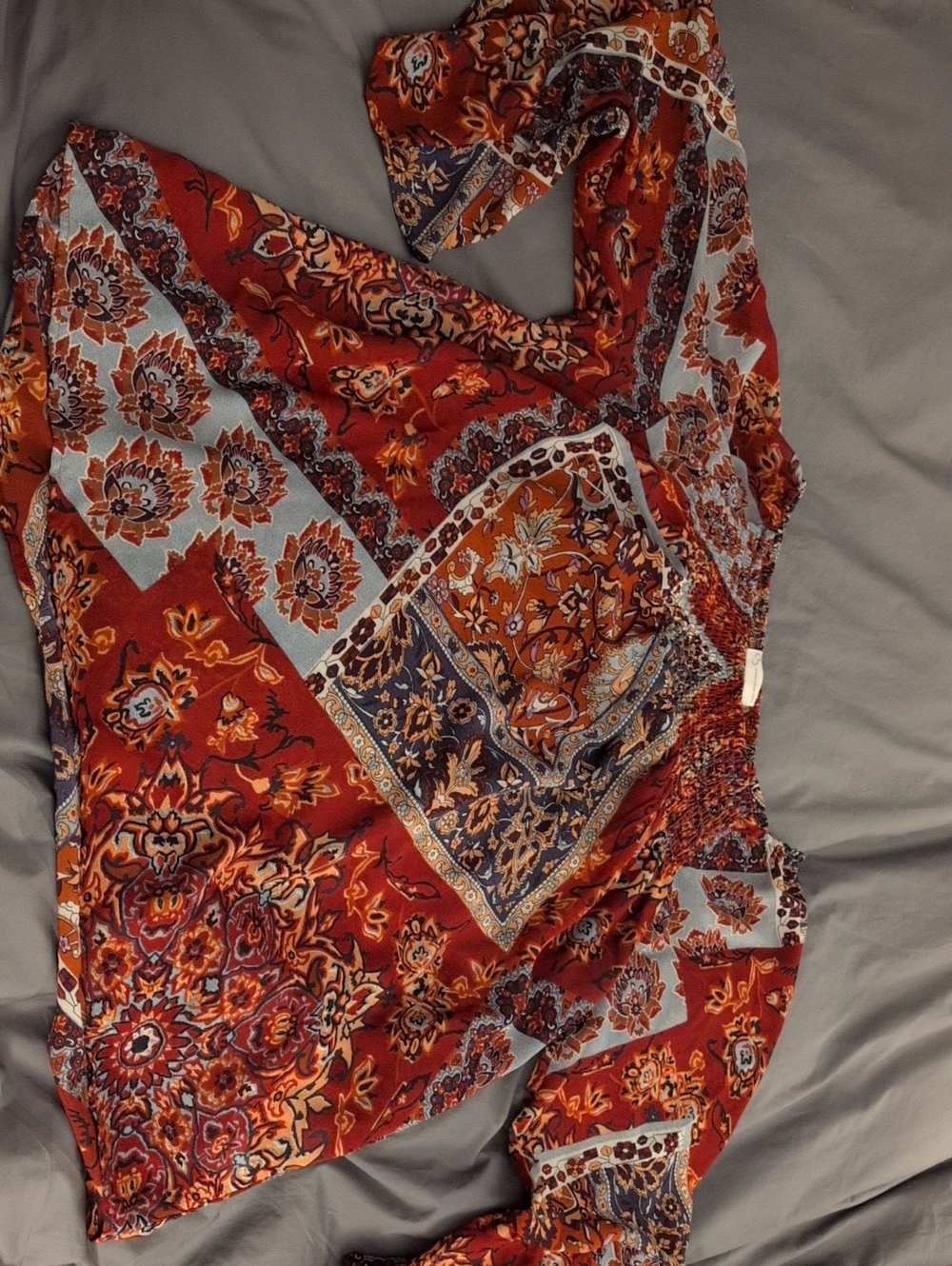 Boho Red Patchwork Print Size 1x  Sheer Top
